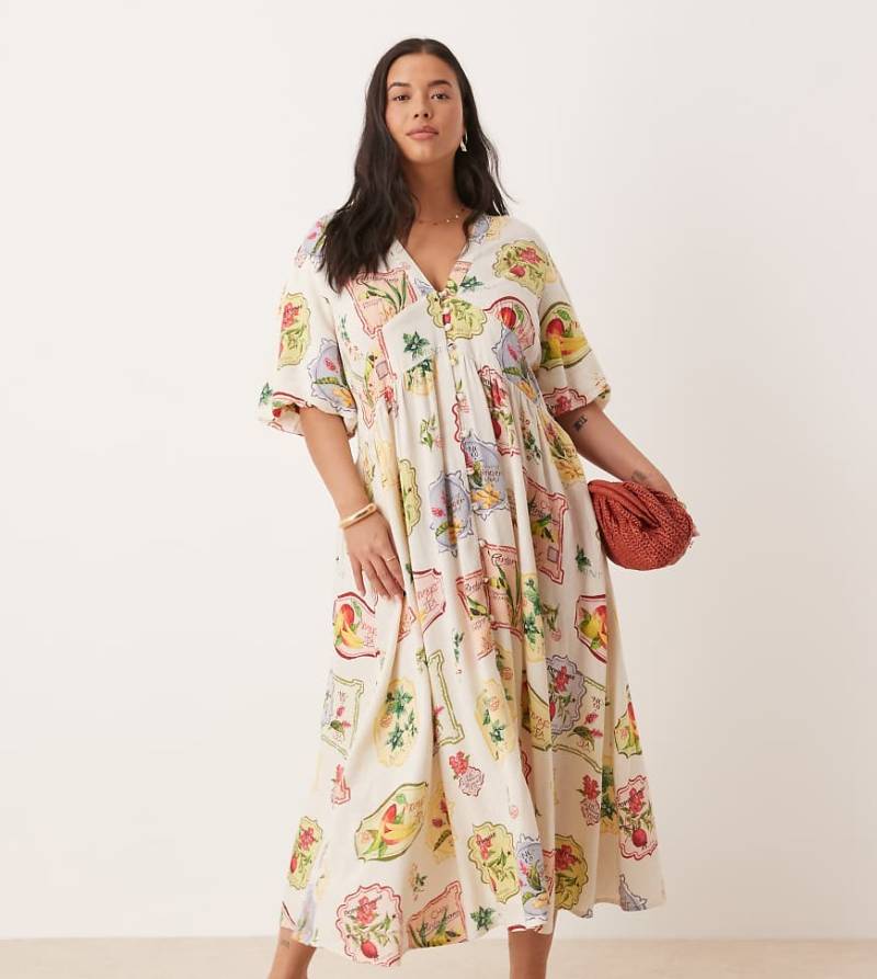Nobody's Child Plus - Starlight - Midikleid mit Postkarten-Obstprint und Puffärmeln-Bunt von Nobody's Child Plus