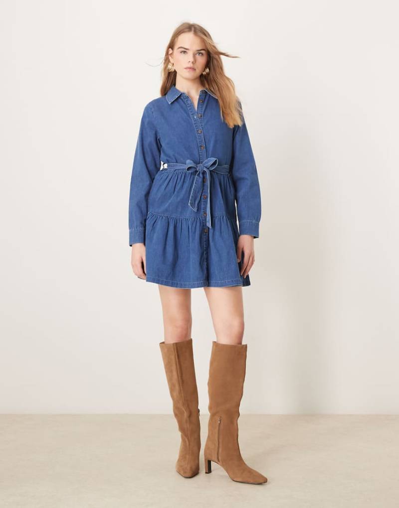 Nobody's Child - Ester - Langärmliges Mini-Jeanskleid in mittlerer Waschung-Blau von Nobody's Child