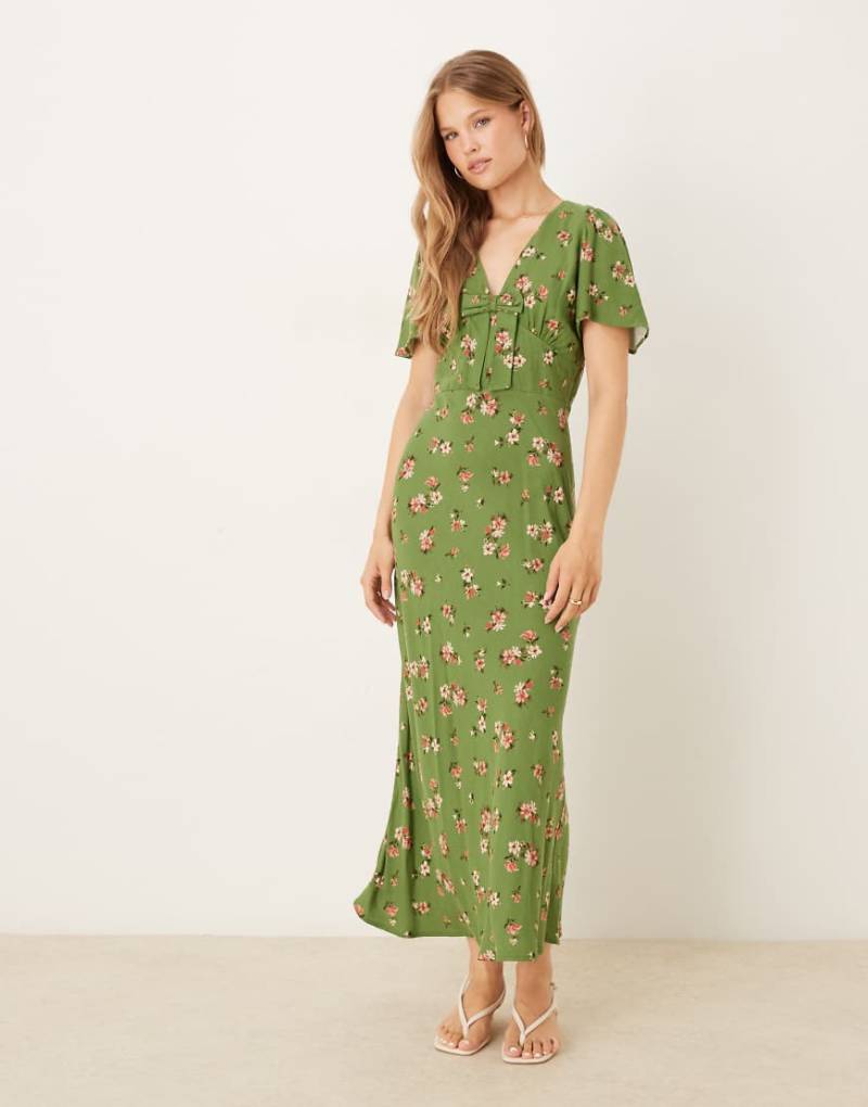 Nobody's Child - Faith - Midi-Freizeitkleid in Grün mit Blumenmuster und Schleife auf der Vorderseite von Nobody's Child