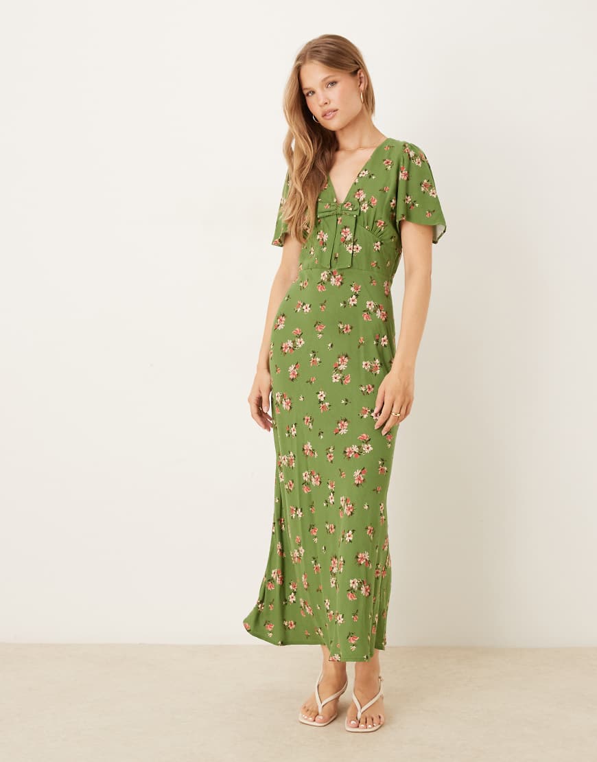 Nobody's Child - Faith - Midi-Freizeitkleid in Grün mit Blumenmuster und Schleife auf der Vorderseite von Nobody's Child