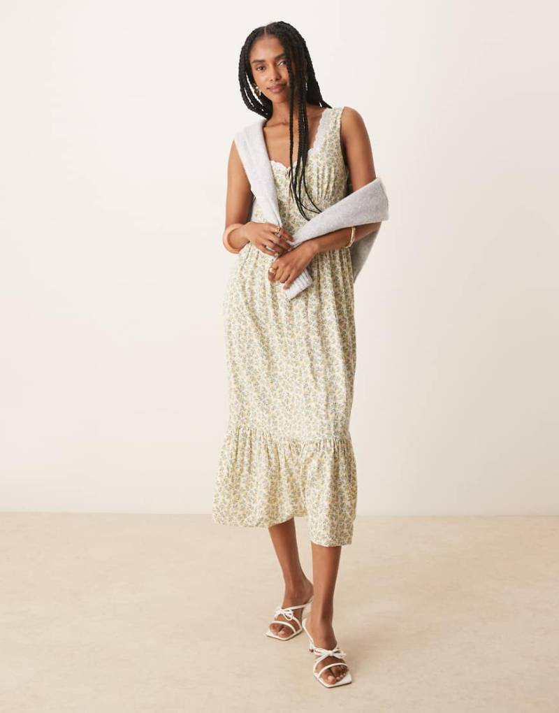 Nobody's Child - Heather - Midikleid in Grün mit Spitzenbesatz und Blumenmuster von Nobody's Child