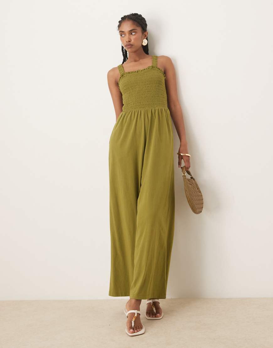 Nobody's Child - Jumpsuit in Khaki mit gesmoktem Oberteil und weitem Bein-Grün von Nobody's Child