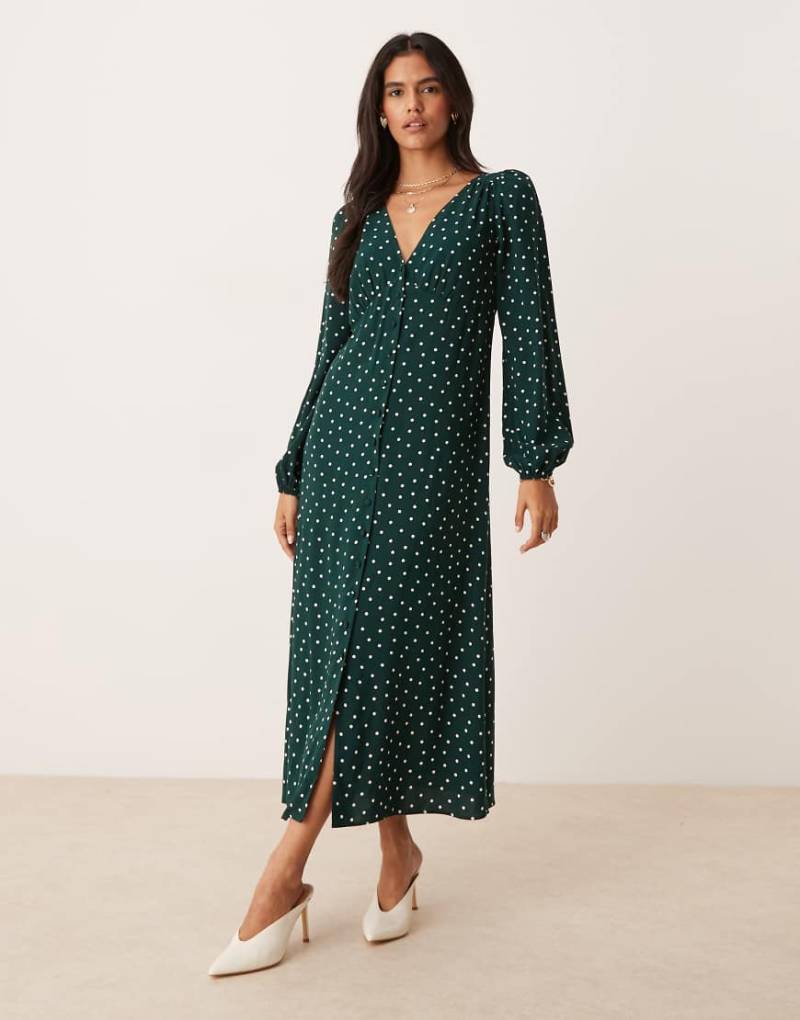 Nobody's Child - Kennedy - Midikleid in Grün mit V-Ausschnitt und Punktemuster von Nobody's Child