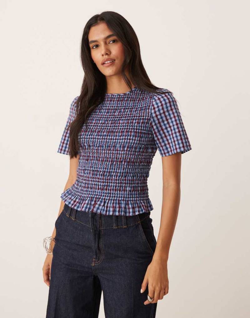 Nobody's Child - Nat - Gesmoktes knappes T-Shirt in Blau kariert von Nobody's Child