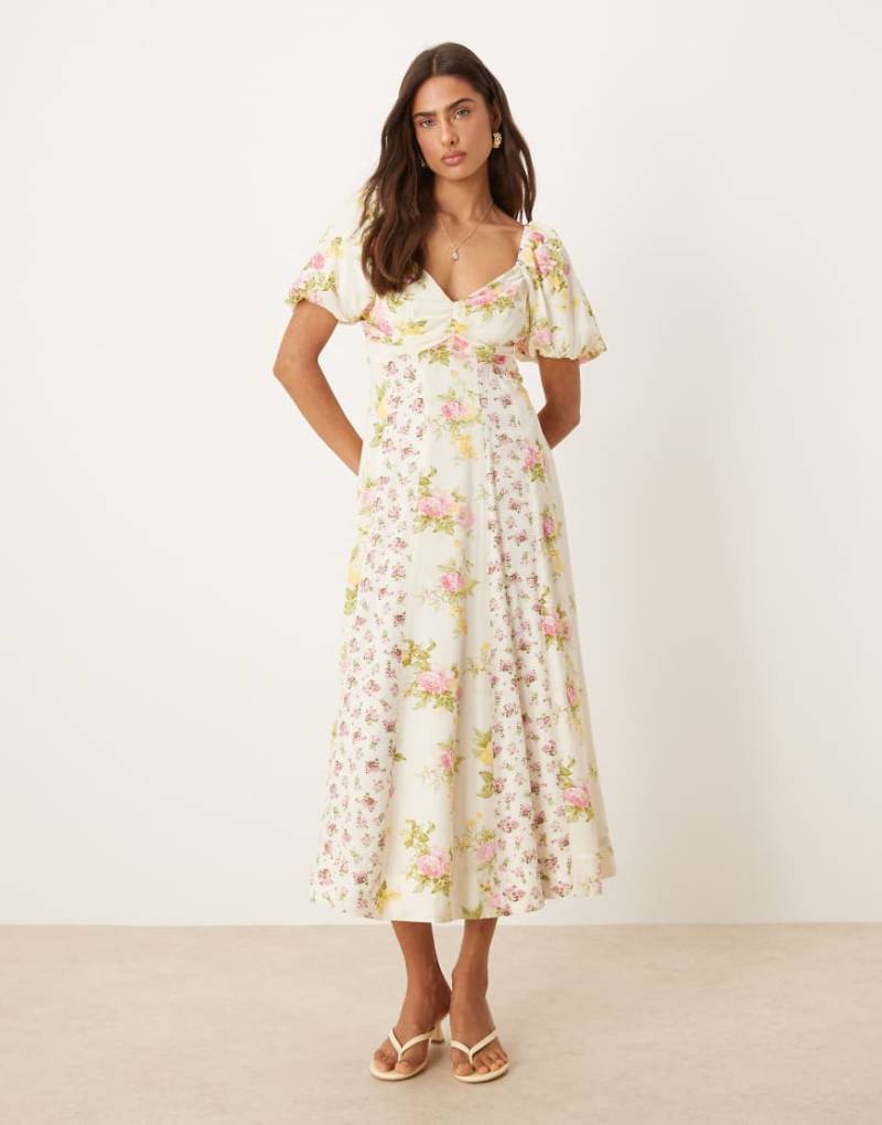 Nobody's Child - Peony - Milchmädchen-Midikleid in Creme mit gespleißten Blumenmuster-Weiß Nobody's Child - Peony - Milchmädchen-Midikleid in Creme mit gespleißten Blumenmuster-Weiß von Nobody's Child