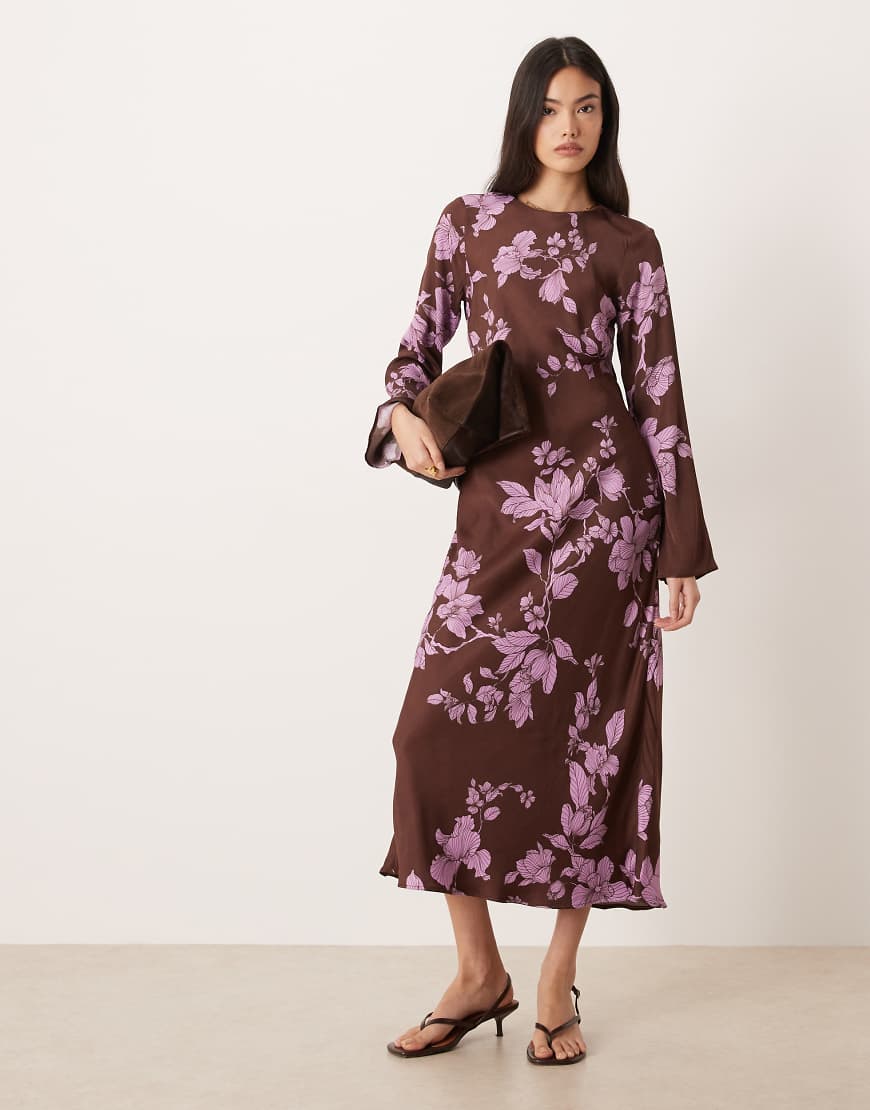 Nobody's Child - Shiloh - Langärmliges Midaxi-Kleid in Braun mit übergroßem Blumenmuster-Brown von Nobody's Child