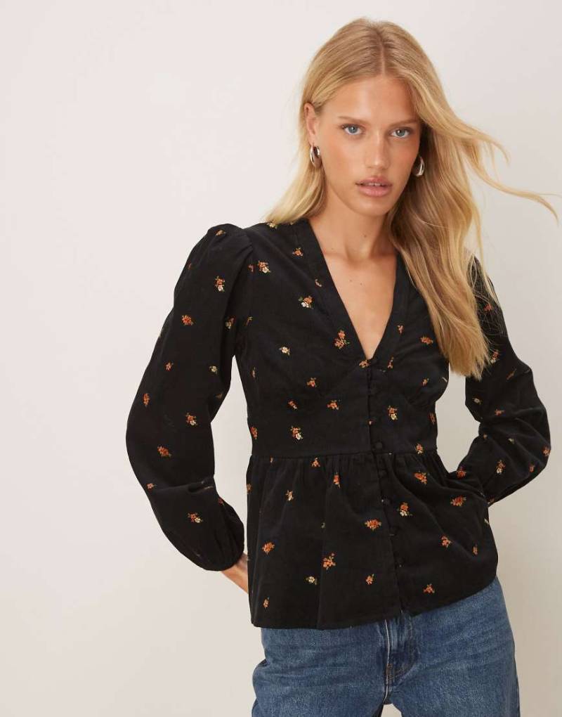Nobody's Child - Starlight - Cord-Bluse in Schwarz mit Blümchenmuster von Nobody's Child