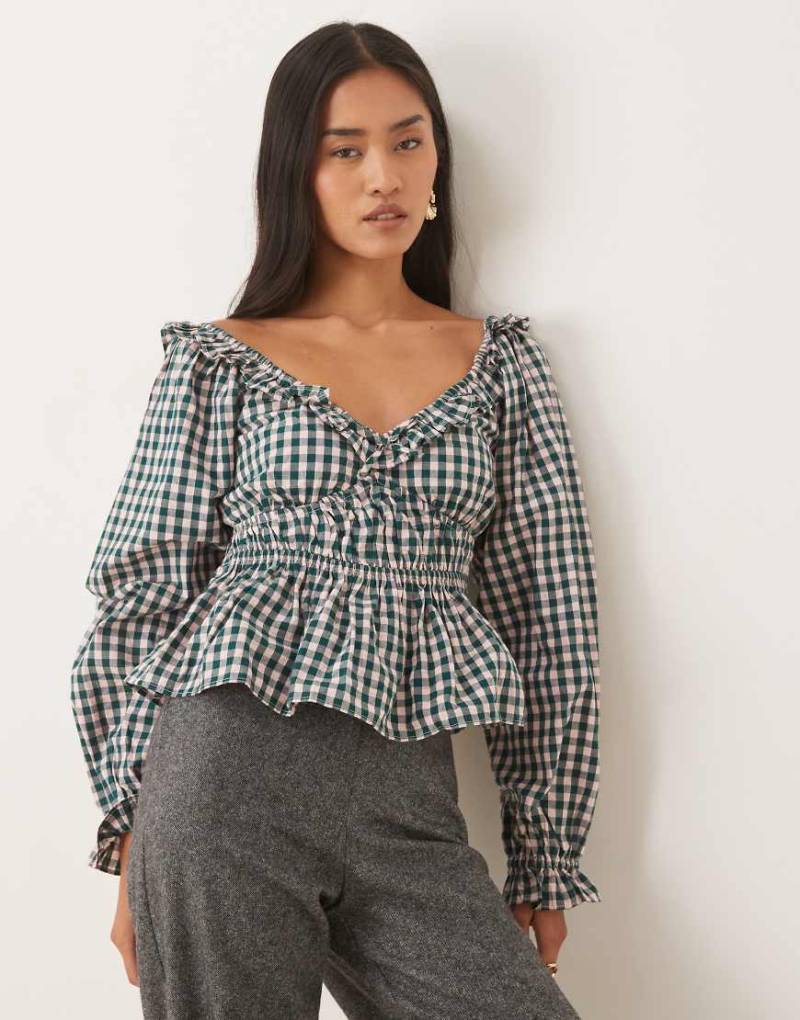 Nobody's Child - Taggie - Milchmädchen-Bluse mit grünem Vichy-Karos von Nobody's Child