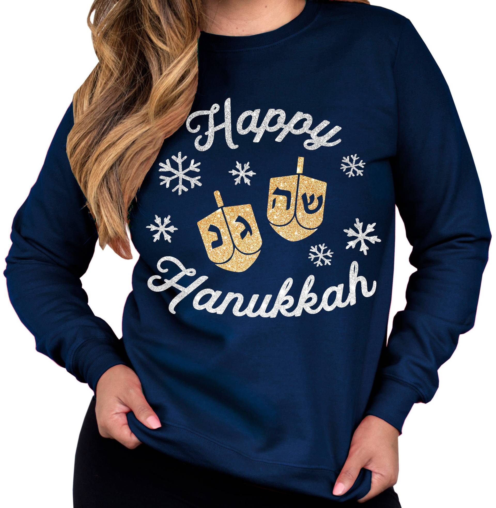 Happy Hanukkah Sweatshirt Für Frauen Silber & Gold Glitzer Print Hanukkah Pullover, Happy Shirts Frauen, Damen Pullover von NobullWomanApparel