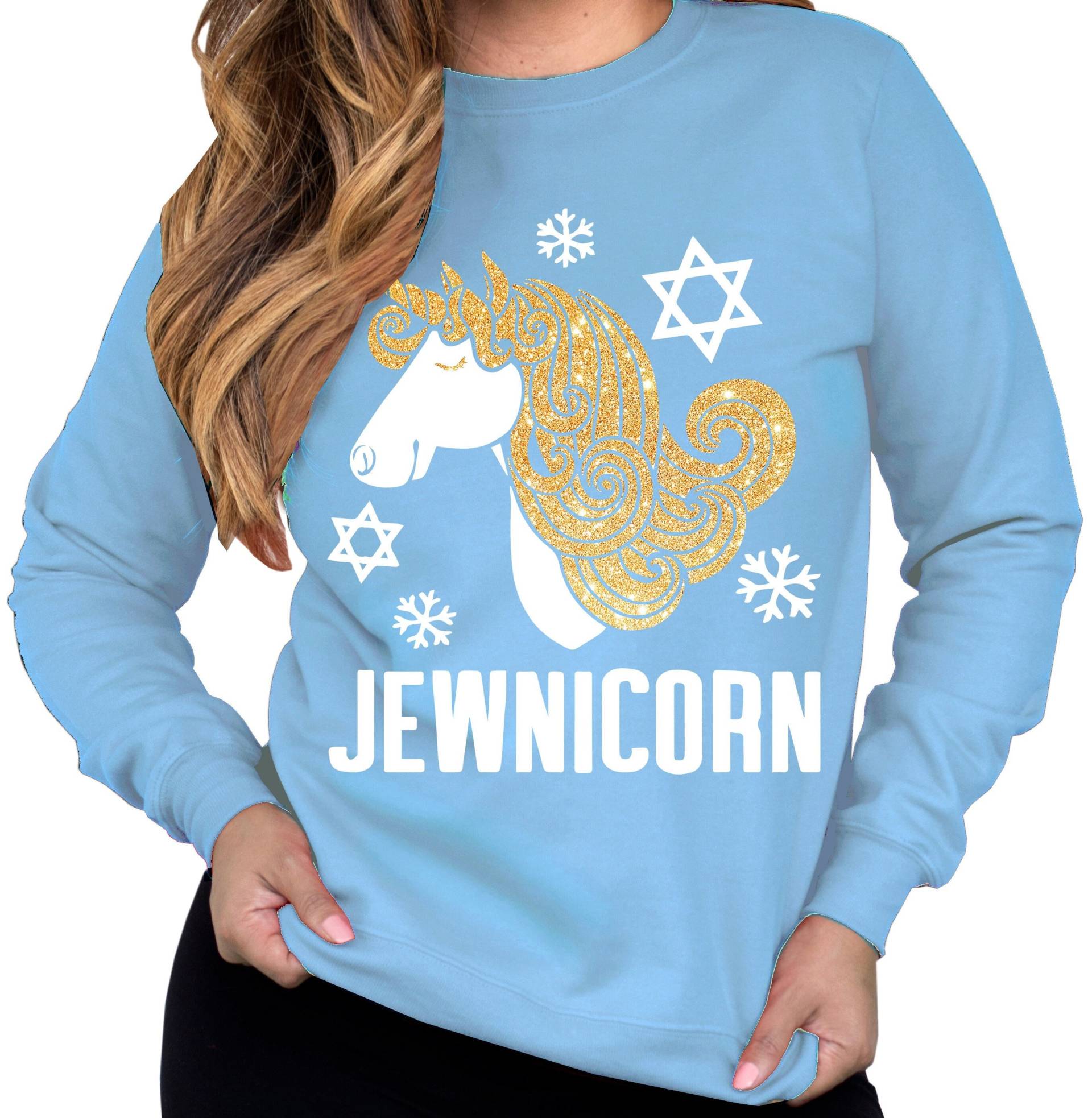 Jewnicorn Hanukkah Sweatshirt Für Frauen Gold & Silber Glitzer Print - Pullover, Lustige Shirts, Einhorn Shirts von NobullWomanApparel