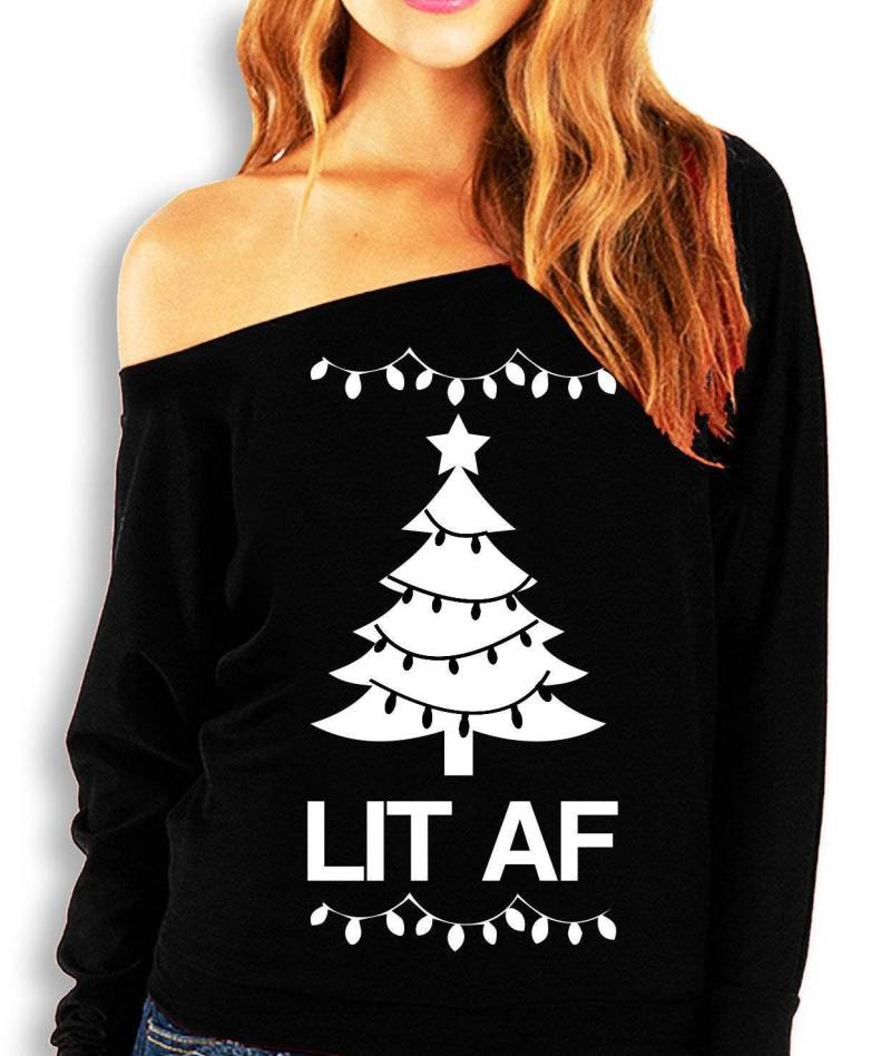 Lit Af Christmas Sweatshirt Off Shoulder, Weihnachtsshirt, Weihnachtsbaumpullover, Slouchy Sweatshirt, Lustiges Weihnachtsshirt von NobullWomanApparel