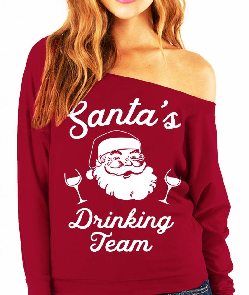 Santa Es Drinking Team Christmas Slouchy Sweatshirt Wine Version - Scarlet, Hässlicher Weihnachtspullover, Humor, Lustiges Weihnachts Trinkshirt von NobullWomanApparel