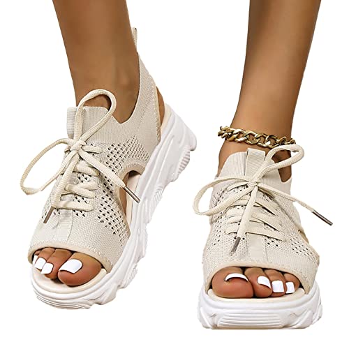 Orthopädische Sandalen Für Frauen, Damen Schnürung Muffin Sandalen, 2023 Sommer Mesh Open Toe Plateau Keilsandalen Causal Walking Sandalen, Lässige Sommer Peep Toe Plateau Sandalen Mit Keilabsatz von Nocapam