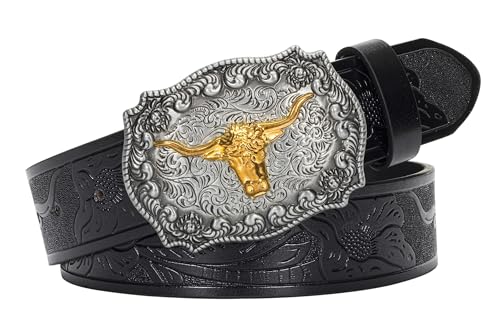 NociHah Herren Western Cowboy Brauner Ledergürtel - Floral gravierte Cowgirl-Gürtel mit Longhorn-Bull-Schnallen als Geschenk für Frauen (Taillenumfang 33"-36") (Schwarz, 47.24Zoll/120CM) von NociHah