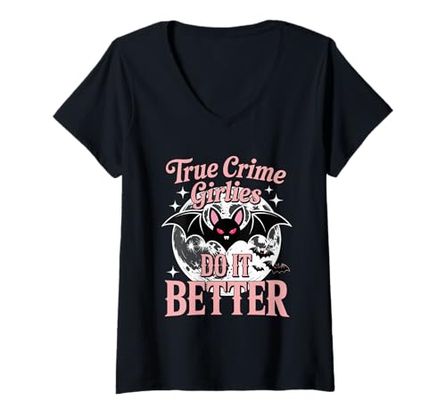 Damen True Crime Girlies Fledermaus und Mond Machen es Besser T-Shirt mit V-Ausschnitt von Nocturnal Noir Society