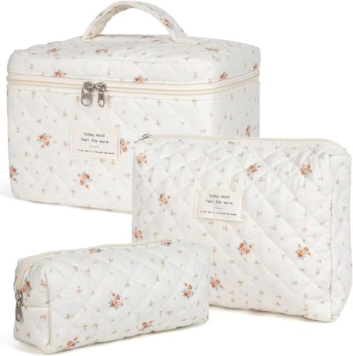 3-Piece Set Women's Quilted Toiletry Bag with Floral Pattern, Make Up Bag Aesthetic Flowers Makeup Bag Cosmetic Bag for Girls Women (M) von Nocyclonic