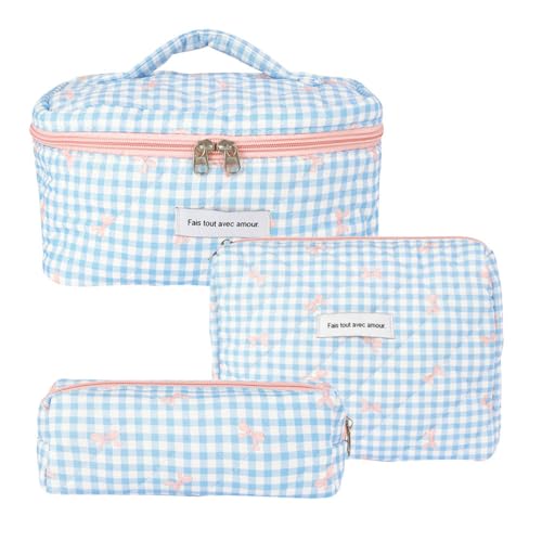 3-Piece Set Women's Quilted Toiletry Bag with Floral Pattern, Make Up Bag Aesthetic Flowers Makeup Bag Cosmetic Bag for Girls Women (O) von Nocyclonic