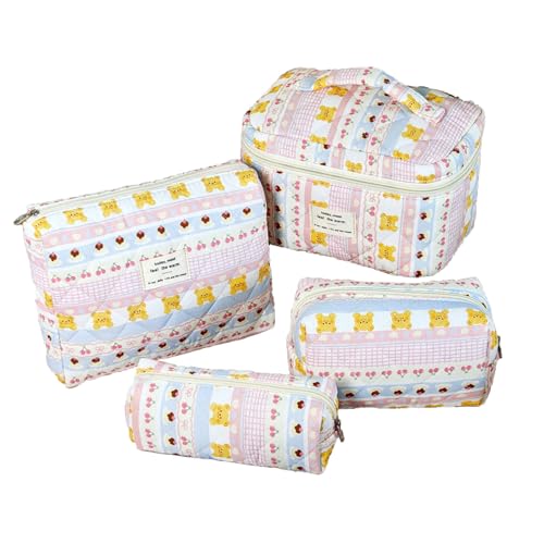 4er Make Up Tasche Set, Kosmetiktasche Blumen MäDchen,Kulturtasche Set Damen,Gesteppte Make Up Bag Aesthetic,Baumwolle Kulturbeutel,Coquette Cosmetic Bag, Aesthetic Stuff Clean Girl von Nocyclonic