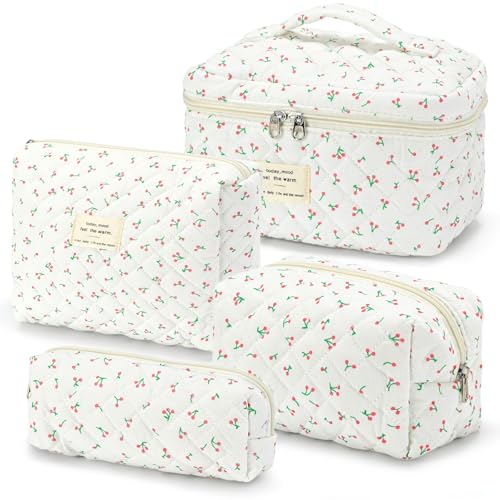 4er Set Kosmetiktasche Blumen MäDchen,Kulturtasche Damen,Gesteppte Make Up Tasche,Baumwolle Kulturbeutel Set,Coquette Make Up Bag Aesthetic Stuff Clean Girl,Cosmetic Bag von Nocyclonic