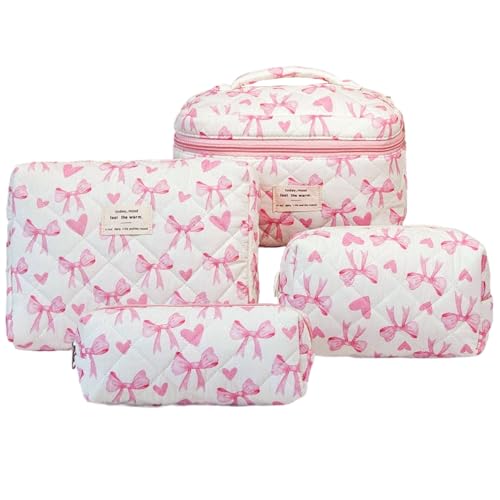 4er Set Kosmetiktasche Blumen MäDchen,Kulturtasche Damen,Gesteppte Make Up Tasche,Baumwolle Kulturbeutel Set,Coquette Make Up Bag Aesthetic Stuff Clean Girl,Cosmetic Bag von Nocyclonic