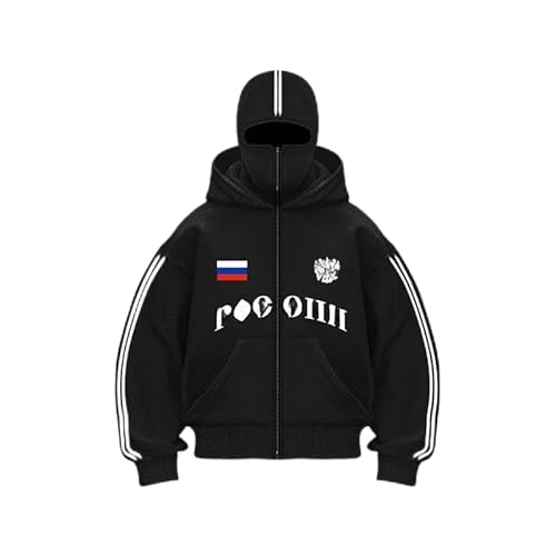 Balaclava Zip Hoodie Herren Ninja Hoodie mit Sturmhaube，Oversize Y2K Kapuzenpullover，Langarm Basic Sweatshirt Pullover mit Kapuze (Schwarz,XL) von Nocyclonic