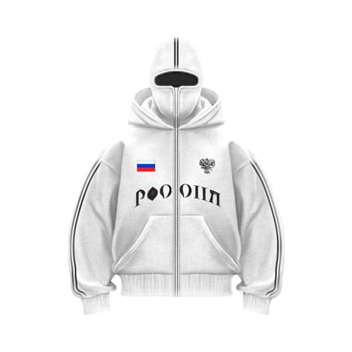 Balaclava Zip Hoodie Herren Ninja Hoodie mit Sturmhaube，Oversize Y2K Kapuzenpullover，Langarm Basic Sweatshirt Pullover mit Kapuze (Weiß,M) von Nocyclonic