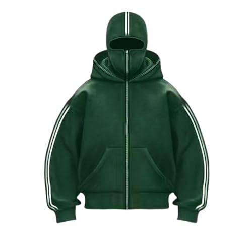Herren Oversize Y2K Kapuzenpullover Balaclava Zip Hoodie Herren Ninja Hoodie mit Sturmhaube Oversized Jacke mit Doppel Kapuze Y2K Hoodie mit Fleece (Grün-1,M) von Nocyclonic