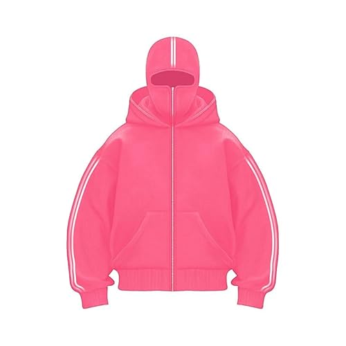 Herren Oversize Y2K Kapuzenpullover Balaclava Zip Hoodie Herren Ninja Hoodie mit Sturmhaube Oversized Jacke mit Doppel Kapuze Y2K Hoodie mit Fleece (Rosa-1,M) von Nocyclonic