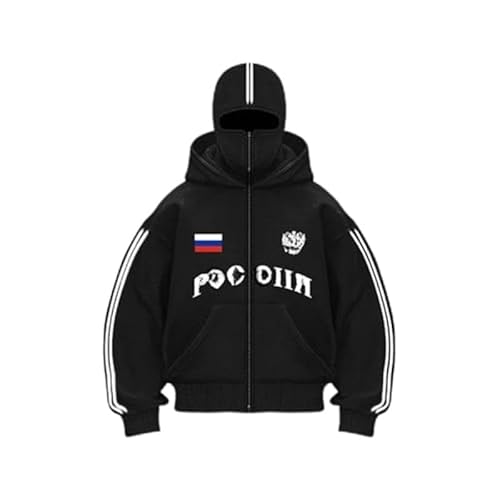 Herren Oversize Y2K Kapuzenpullover Balaclava Zip Hoodie Herren Ninja Hoodie mit Sturmhaube Oversized Jacke mit Doppel Kapuze Y2K Hoodie mit Fleece (Schwarz,XXL) von Nocyclonic