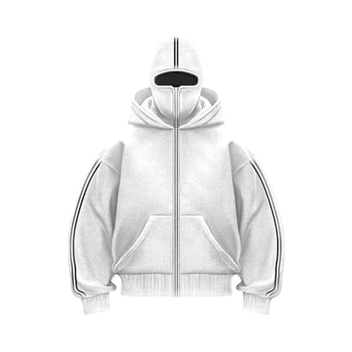 Herren Oversize Y2K Kapuzenpullover Balaclava Zip Hoodie Herren Ninja Hoodie mit Sturmhaube Oversized Jacke mit Doppel Kapuze Y2K Hoodie mit Fleece (Weiß-1,XL) von Nocyclonic