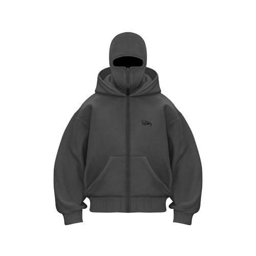 Herren Y2K Ninja Hoodie Balaclava Zip Hoodie mit Sturmhaube Oversized Kapuzenpullover mit Reißverschluss Casual Hoodie Herren (H,3XL) von Nocyclonic