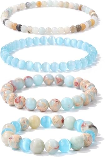 Nocyclonic 4 Stück Naturstein Armband mondstein,Echte Naturstein Edelstein armband Damen,4MM/6MM/8MM/10MM Perlenarmband Damen Heilsteine Armband Anti Stress Perlen armbander set (E) von Nocyclonic