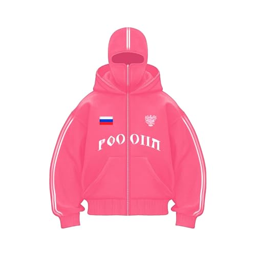 Nocyclonic Balaclava Zip Hoodie Herren，Kapuzenpullover für Herren,Oversize Y2K Kapuzenpullover，Basic Sweatshirt Pullover mit Kapuze (DE/NL/SE/PL, Alphanumerisch, L, Große Größen, Regular, Rosa) von Nocyclonic