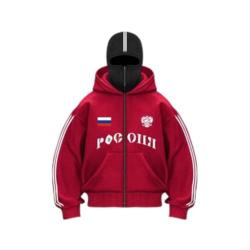 Nocyclonic Balaclava Zip Hoodie Herren，Kapuzenpullover für Herren,Oversize Y2K Kapuzenpullover，Basic Sweatshirt Pullover mit Kapuze (DE/NL/SE/PL, Alphanumerisch, XL, Große Größen, Regular, Rot) von Nocyclonic