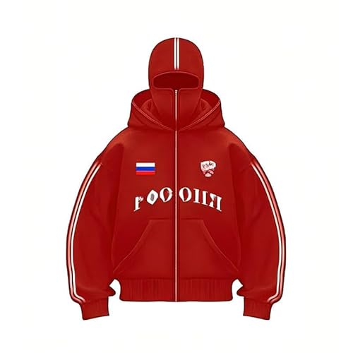 Nocyclonic Balaclava Zip Hoodie Herren，Kapuzenpullover für Herren,Oversize Y2K Kapuzenpullover，Basic Sweatshirt Pullover mit Kapuze (DE/NL/SE/PL, Alphanumerisch, XXL, Große Größen, Regular, Rot 02) von Nocyclonic