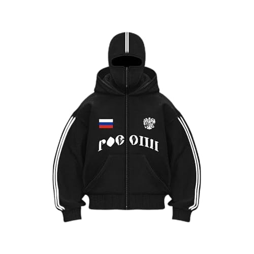 Nocyclonic Balaclava Zip Hoodie Herren，Kapuzenpullover für Herren,Oversize Y2K Kapuzenpullover，Basic Sweatshirt Pullover mit Kapuze (DE/NL/SE/PL, Alphanumerisch, M, Große Größen, Regular, Schwarz) von Nocyclonic