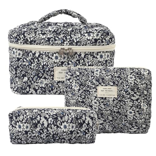 Set Women's Quilted Toiletry Bag with Floral Pattern, Make Up Bag Aesthetic Flowers Makeup Bag Cosmetic Bag for Girls Women (A) von Nocyclonic