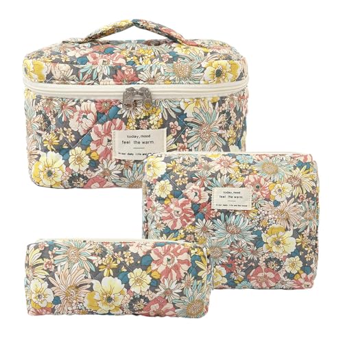 Set Women's Quilted Toiletry Bag with Floral Pattern, Make Up Bag Aesthetic Flowers Makeup Bag Cosmetic Bag for Girls Women (H) von Nocyclonic