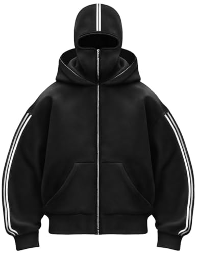 Y2K Ninja Hoodie mit Doppel Kapuze，Balaclava Zip Hoodie Herren，Fleece Einfarbig Mask Hoodie Kapuzenpullover Übergangsjacke (A,XL) von Nocyclonic