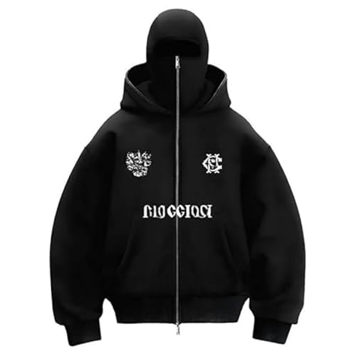 Y2K Ninja Hoodie mit Doppel Kapuze，Balaclava Zip Hoodie Herren，Fleece Einfarbig Mask Hoodie Kapuzenpullover Übergangsjacke (E,L) von Nocyclonic