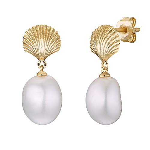 NOELANI Creolen 925 Sterling Silber Damen Ohrschmuck, mit Süßwasserzuchtperle, 2,3 cm, Gold, Muschel, Kommt in Schmuck Geschenk Box, 2031724 von NOELANI