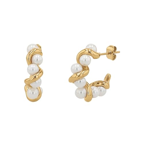 NOELANI Creolen Edelstahl Damen Ohrschmuck, mit Muschelkernperle, 2,1 cm, Gold, Kommt in Schmuck Geschenk Box, 2036949 von NOELANI