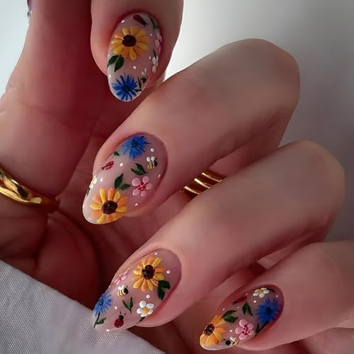 Noerrors 3D geprägte Blumen-Kunstnägel, 24 Stück mittellange Mandel-Form Drucknägel, blumiges Bienen-Frühling-Sommer-Blumengarten-Nackt-Fake-Klebenägel für Frauen, Mädchen-Maniküre von Noerrors