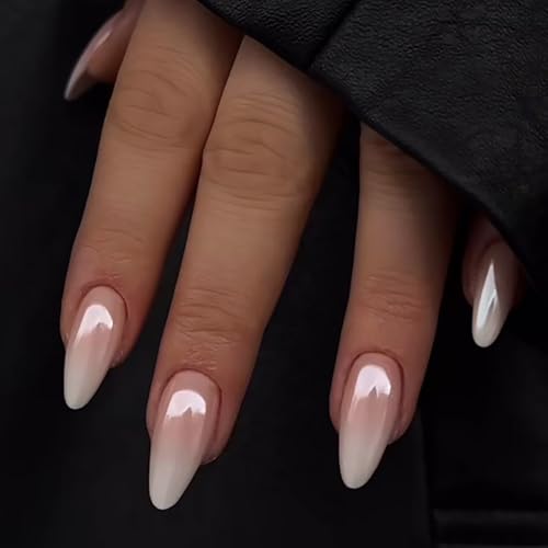 Noerrors Aurora Französisch-Tipp falsche Nägel 24 Teile Mittelmandel Gradient Weiß Rosa Press-on-Nagel, Spiegellicht-Pink glänzend Weiß Perle Chrom falsche Nägel Acrylnägel für Frauen Mädchen von Noerrors