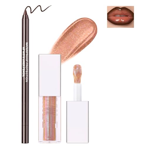 Noerrors Brauner Lip Gloss Liner Set Glitzer Schimmer Nude Lip Combo Gradient Plumping Glossy Lip Öl Feuchtigkeitsspendender großer Bürsten-Lippenstift Glänzendes Glow Lippen-Make-up von Noerrors