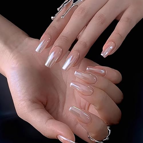 Noerrors Glänzende Aurora Kunstnägel, 24 Stück lange, quadratische Sarg-Spiegel-Nude-Press-On-Nägel, hochglänzende Perlen-weiße Chrom-Acryl-Full-Cover-Fake-Nägel für Frauen und Mädchen von Noerrors