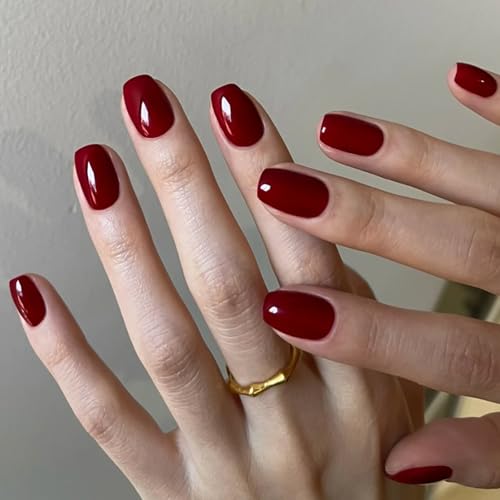 Noerrors Kurze quadratische falsche Nägel, 32 Stück Klebenägel in burgund glänzendem Vollfarbton Nagelspitzen Haftnägel Vollabdeckung künstliche Nägel aus Acryl für Weihnachten Frauen Mädchen von Noerrors
