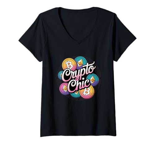 Damen Crypto Chic, Mädchen Krypto Liebhaber, Bitcoin Blockchain Krypto T-Shirt mit V-Ausschnitt von Noether Sym crypto