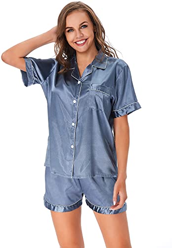 Nofaner Satin Pyjama Damen Kurz Zweiteiliger Schlafanzug Set mit Knopf, V-Ausschnitt Kurzer Seidenpyjama, Frauen Seide Nachtwäsche Hausanzug (as3, Alpha, x_l, Regular, Regular, Grau Blau) von Nofaner