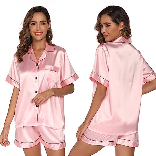 Nofaner Damen Seidensatin Pyjamas, Weiche Button Down Kurzarm Nachtwäsche Kurzer Seidenpyjama 2-teiliges Pyjama-Set S-XXL (L, Grau Blau) (as3, Alpha, x_l, Regular, Regular, Rosa) von Nofaner